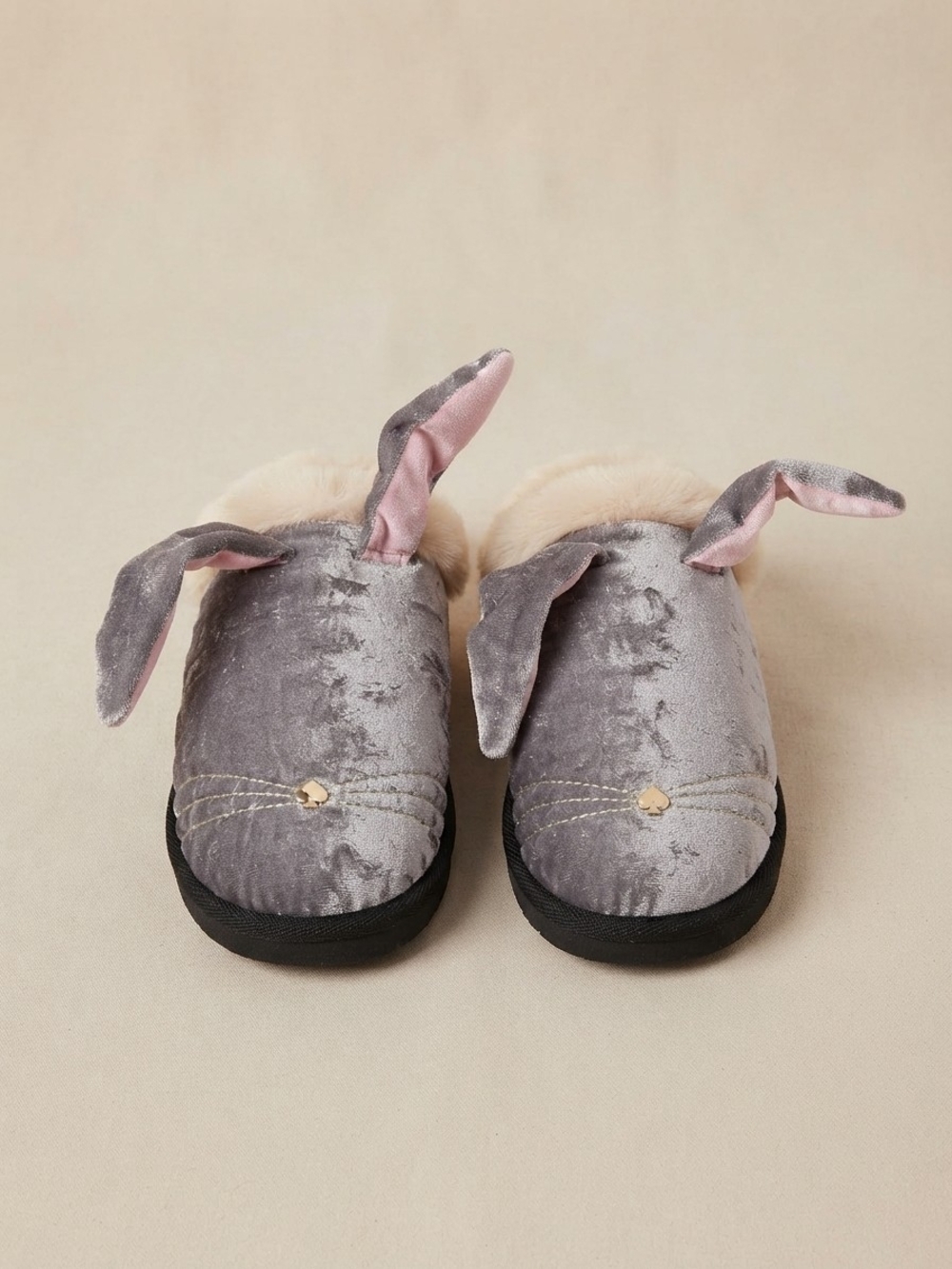 Kate Spade New York Gray Velvet Bunny Ears "Bonnie" Slippers Size B8 EUC